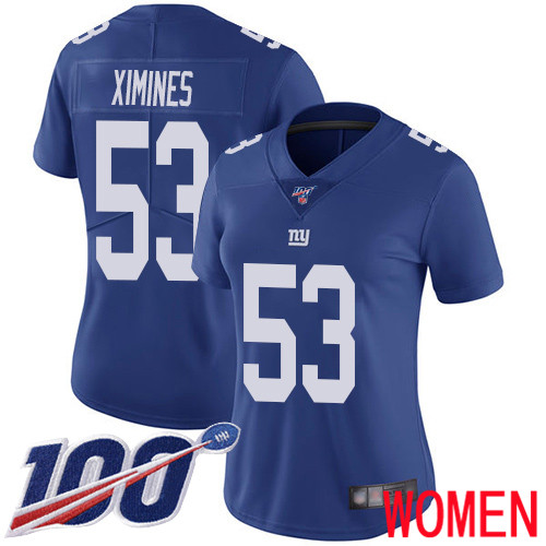 Women New York Giants 53 Oshane Ximines Royal Blue Team Color Vapor Untouchable Limited Player 100th Season Football NFL Jersey